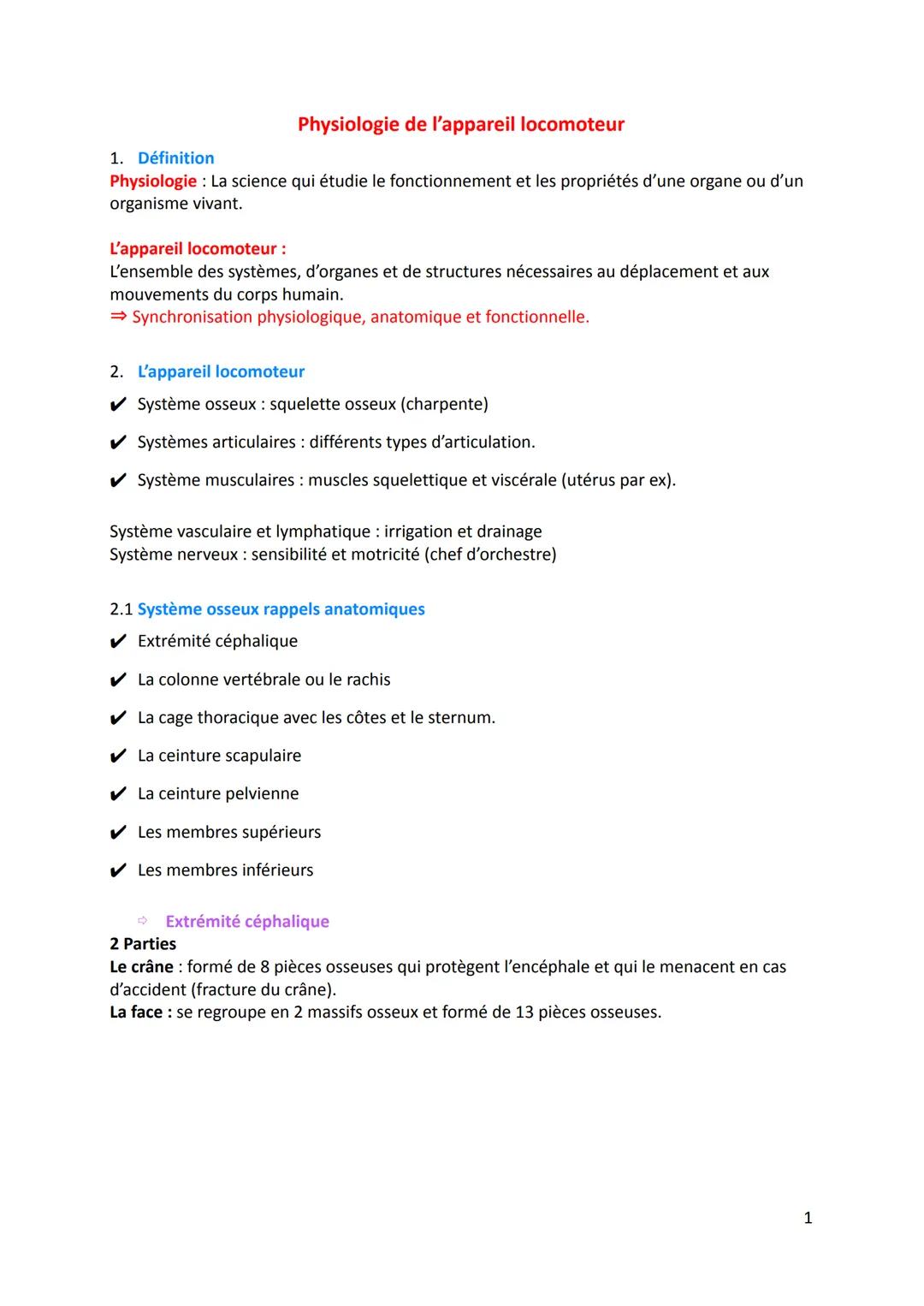 1. Définition
Physiologie de l'appareil locomoteur
Physiologie: La science qui étudie le fonctionnement et les propriétés d'une organe ou d'