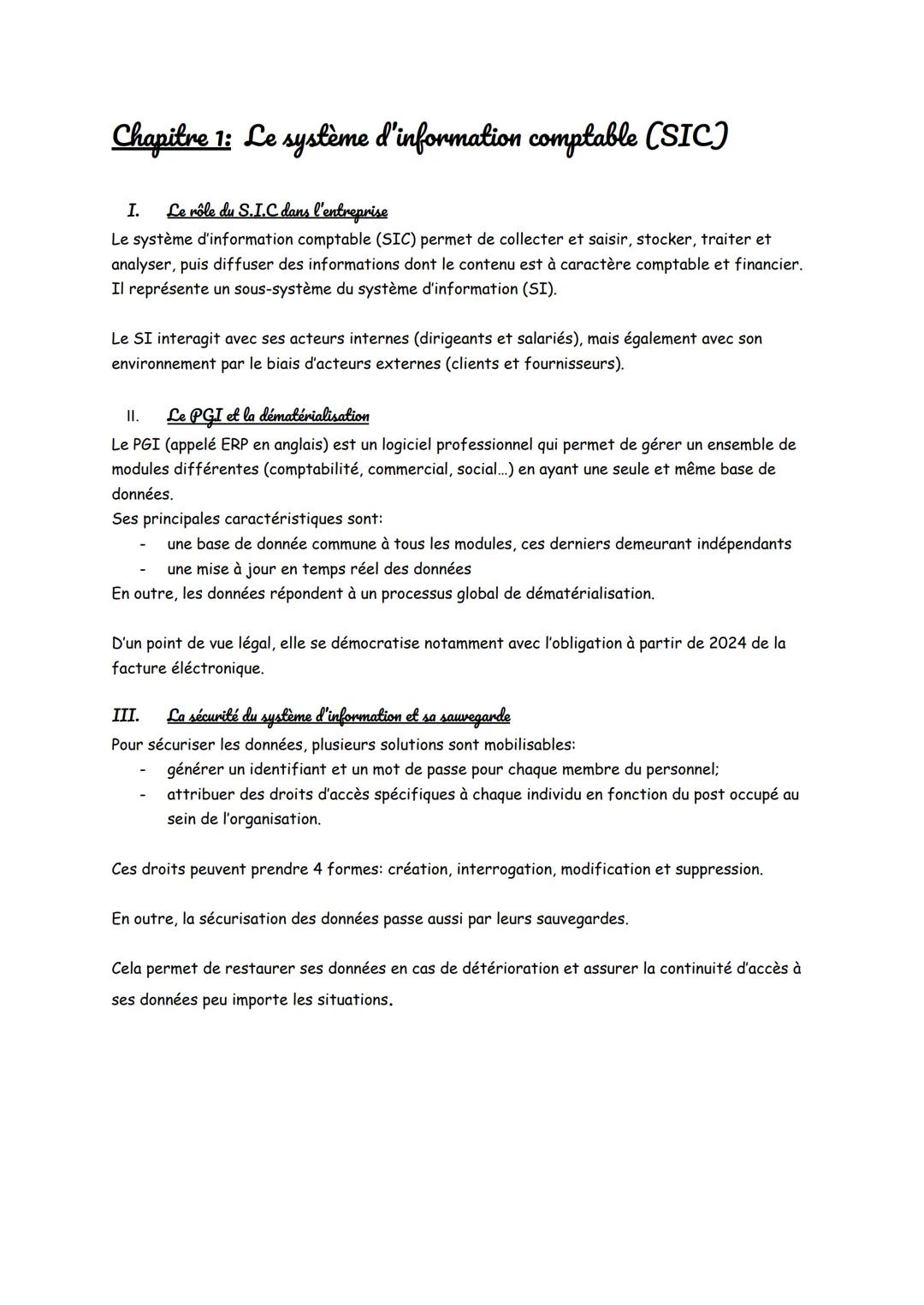 Chapitre 1: Le système d'information comptable (SIC)
I. Le rôle du S.I.C dans l'entreprise
Le système d'information comptable (SIC) permet d