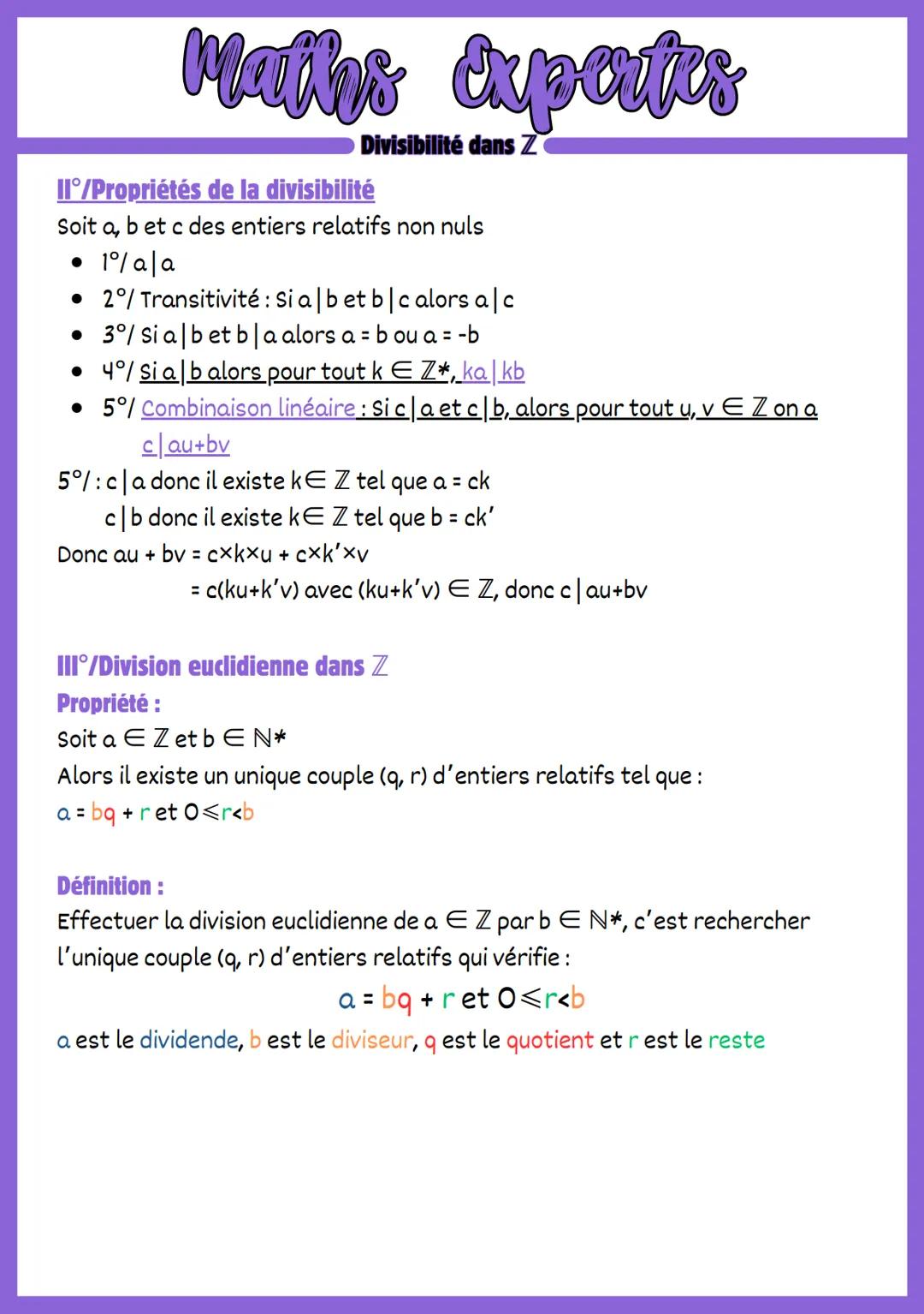 Maths Expertes
I°/Divisibilité dans Z
Définition :
Soit a EZ, et bЄ Z*,
Divisibilité dans Z
b divise a si il existe un entier relatif k tel