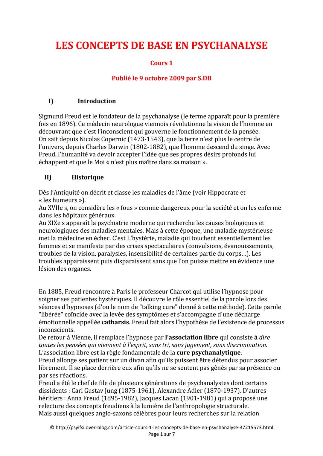LES CONCEPTS DE BASE EN PSYCHANALYSE
Cours 1
Publié le 9 octobre 2009 par S.DB
I)
Introduction
Sigmund Freud est le fondateur de la psychana