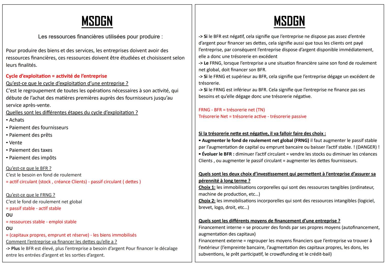 MSDGN
Les ressources financières utilisées pour produire :
Pour produire des biens et des services, les entreprises doivent avoir des
ressou