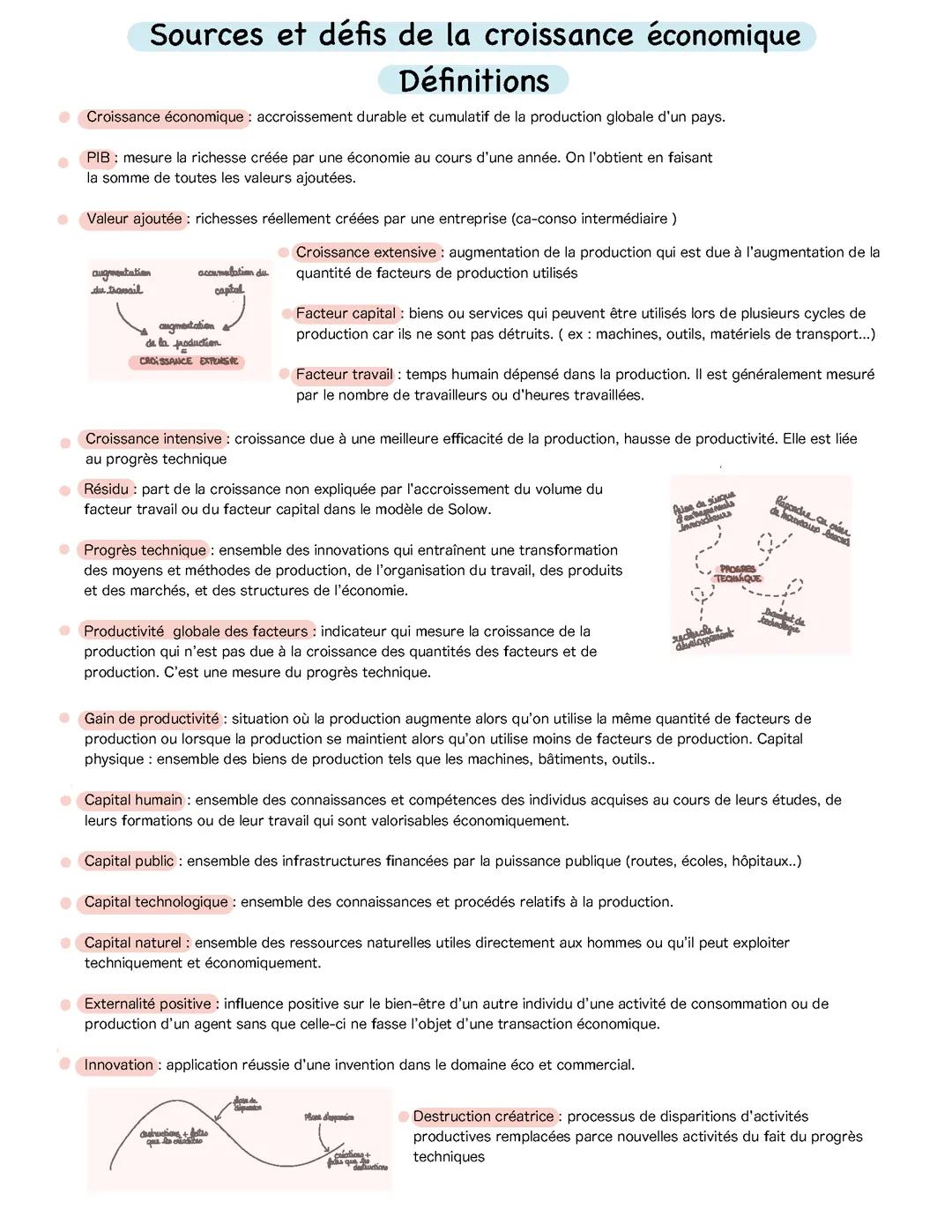 Définitions pour les sources et défis de la croissance économique