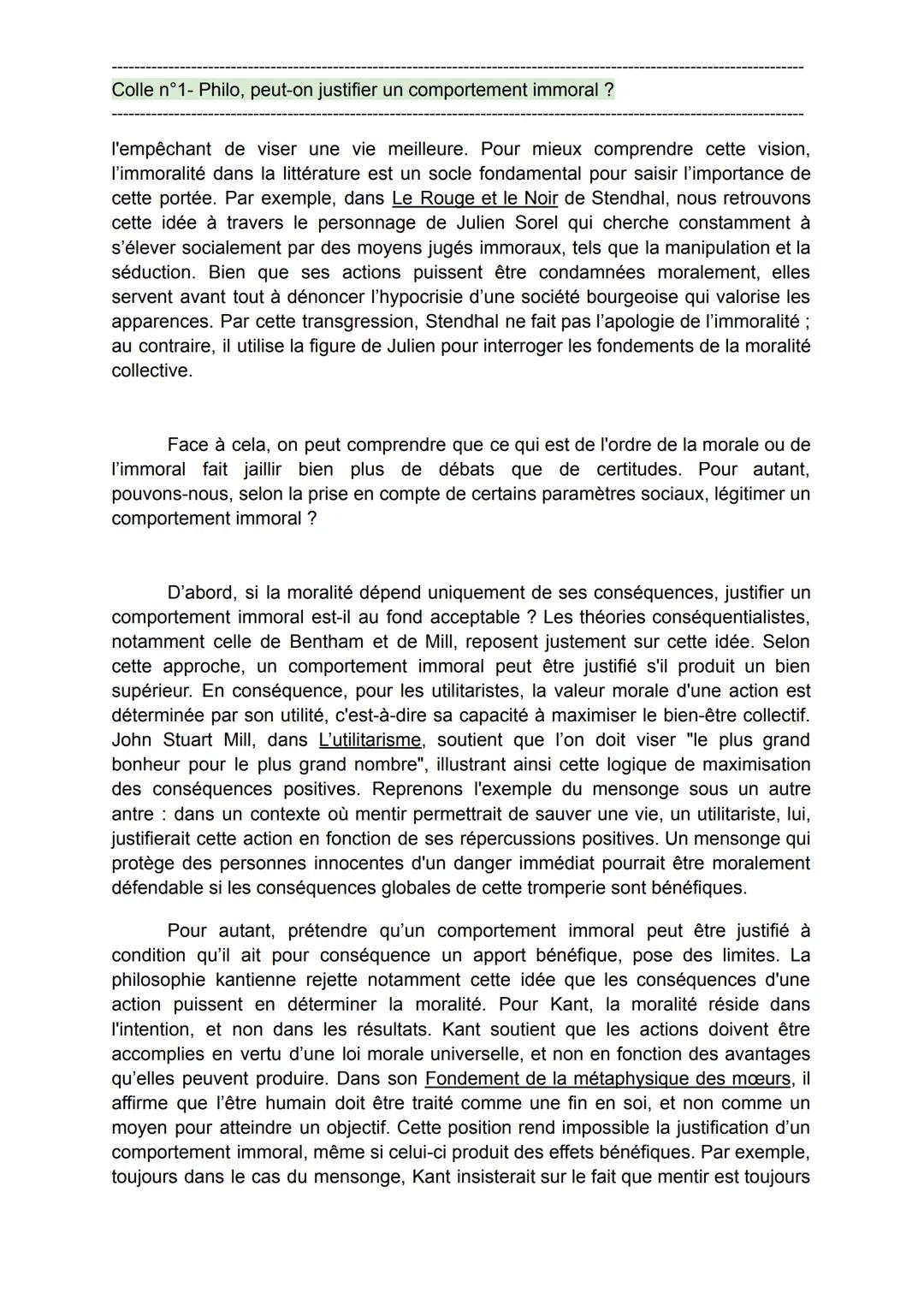 Colle n°1- Philo, peut-on justifier un comportement immoral ?
- Colle 1 (philo) : La morale -
Sujet Peut-on justifier un comportement immora