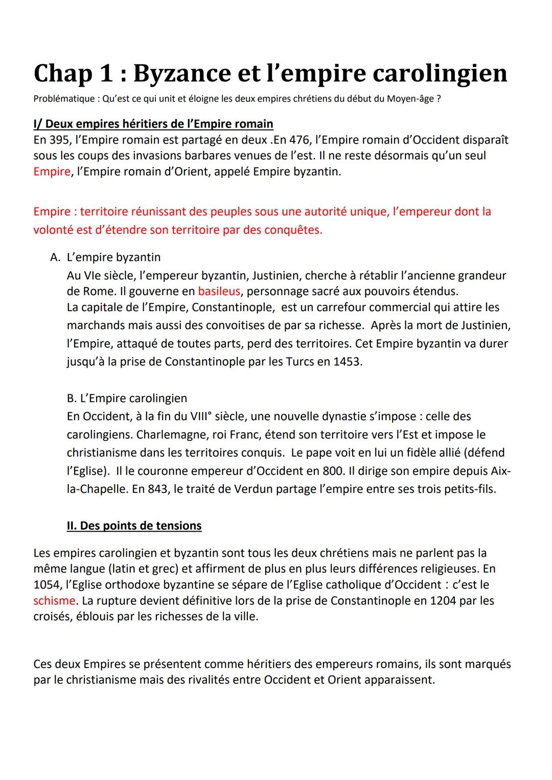Chap 1 : Byzance et l'empire carolingien
Problématique : Qu'est ce qui unit et éloigne les deux empires chrétiens du début du Moyen-âge ?
I/