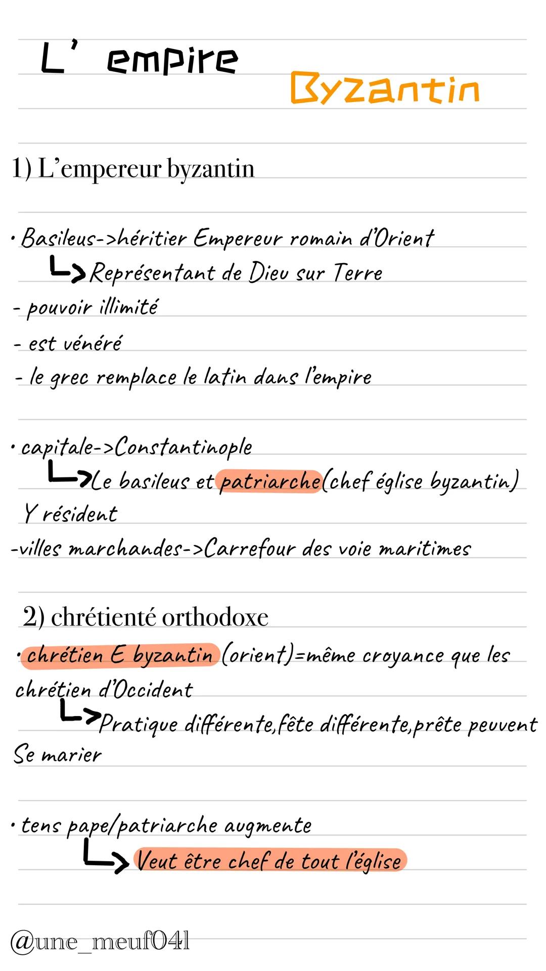 L'empire
1) L'empereur byzantin
Byzantin
• Basileus->héritier Empereur romain d'Orient
L>Représentant de Dieu sur Terre
- pouvoir illimité
-