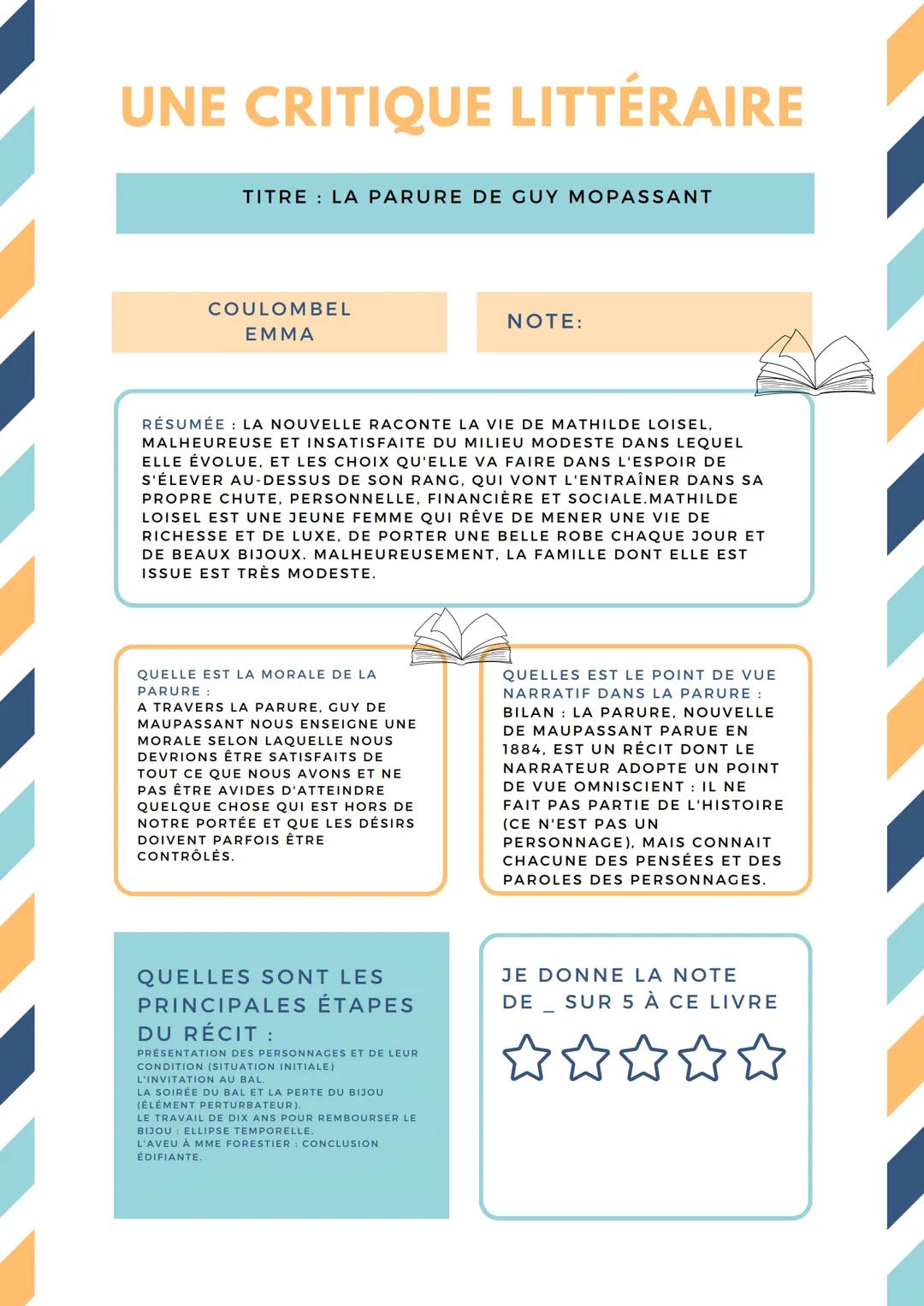 UNE CRITIQUE LITTÉRAIRE
TITRE LA PARURE DE GUY MOPASSANT
COULOMBEL
EMMA
NOTE:
RÉSUMÉE : LA NOUVELLE RACONTE LA VIE DE MATHILDE LOISEL,
MALHE