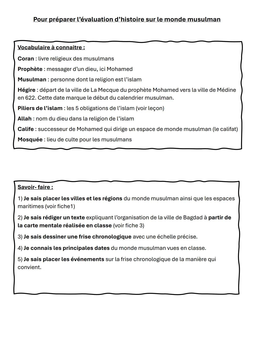 Pour préparer l'évaluation d'histoire sur le monde musulman
Vocabulaire à connaitre :
Coran livre religieux des musulmans
Prophète : message