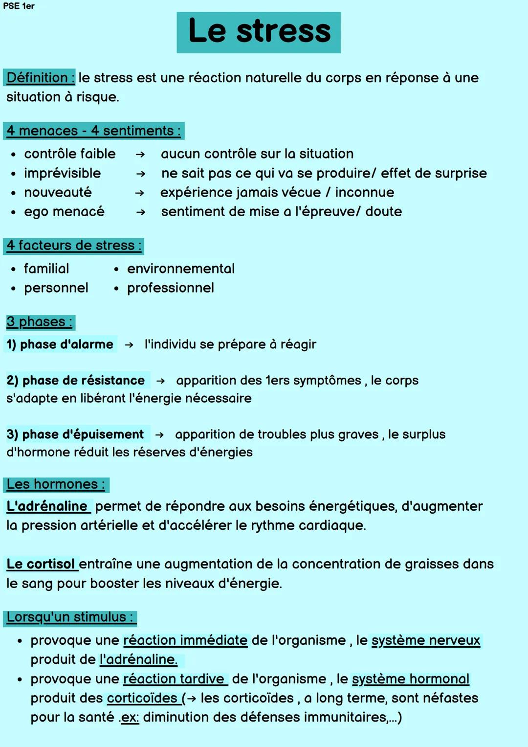 PSE 1er
# Le stress
Définition: le stress est une réaction naturelle du corps en réponse à une
situation à risque.
# 4 menaces - 4 sentim