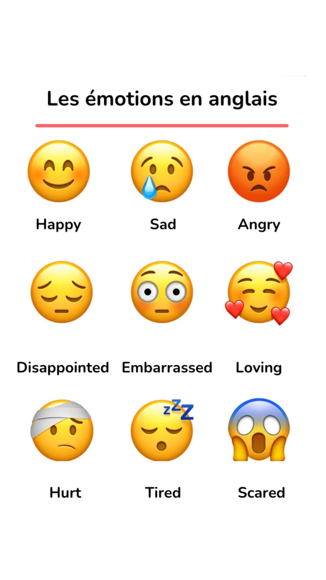 Les émotions en anglais
Happy
Sad
Angry
Disappointed Embarrassed Loving
Hurt
Tired
Scared