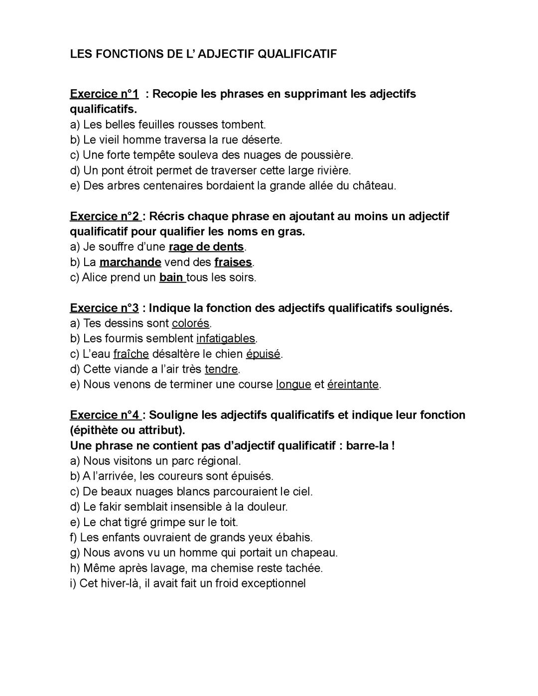 L'adjectif qualificatif exercice