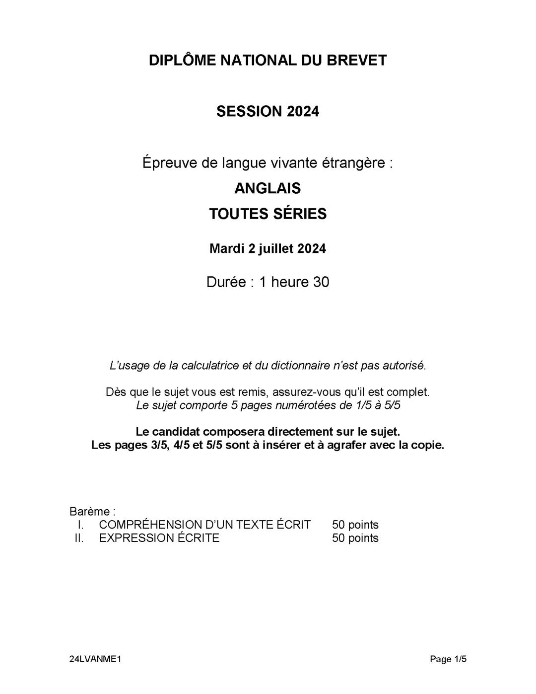 Sujet de brevet blanc d'anglais de juin 2024