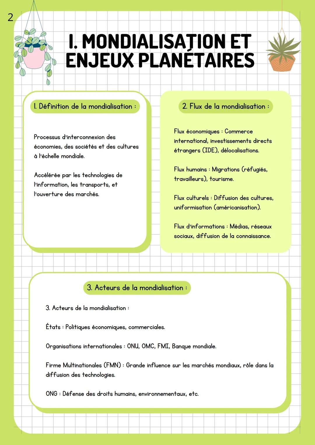 1
ENJEUX
PLANETAIRES
CONTEMPORAIN
S: GEOSCIENCES
ET DYNAMIQUE
DES PAYSAGES 2
I. MONDIALISATION ET
ENJEUX PLANETAIRES
I. Définition de la mon