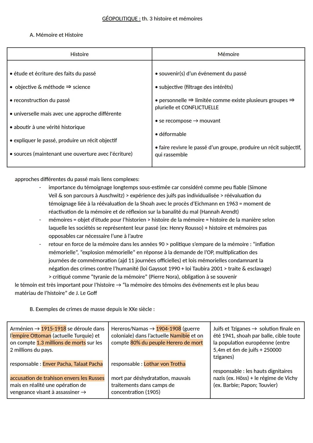# GÉOPOLITIQUE: th. 3 histoire et mémoires
# A. Mémoire et Histoire
| Histoire
