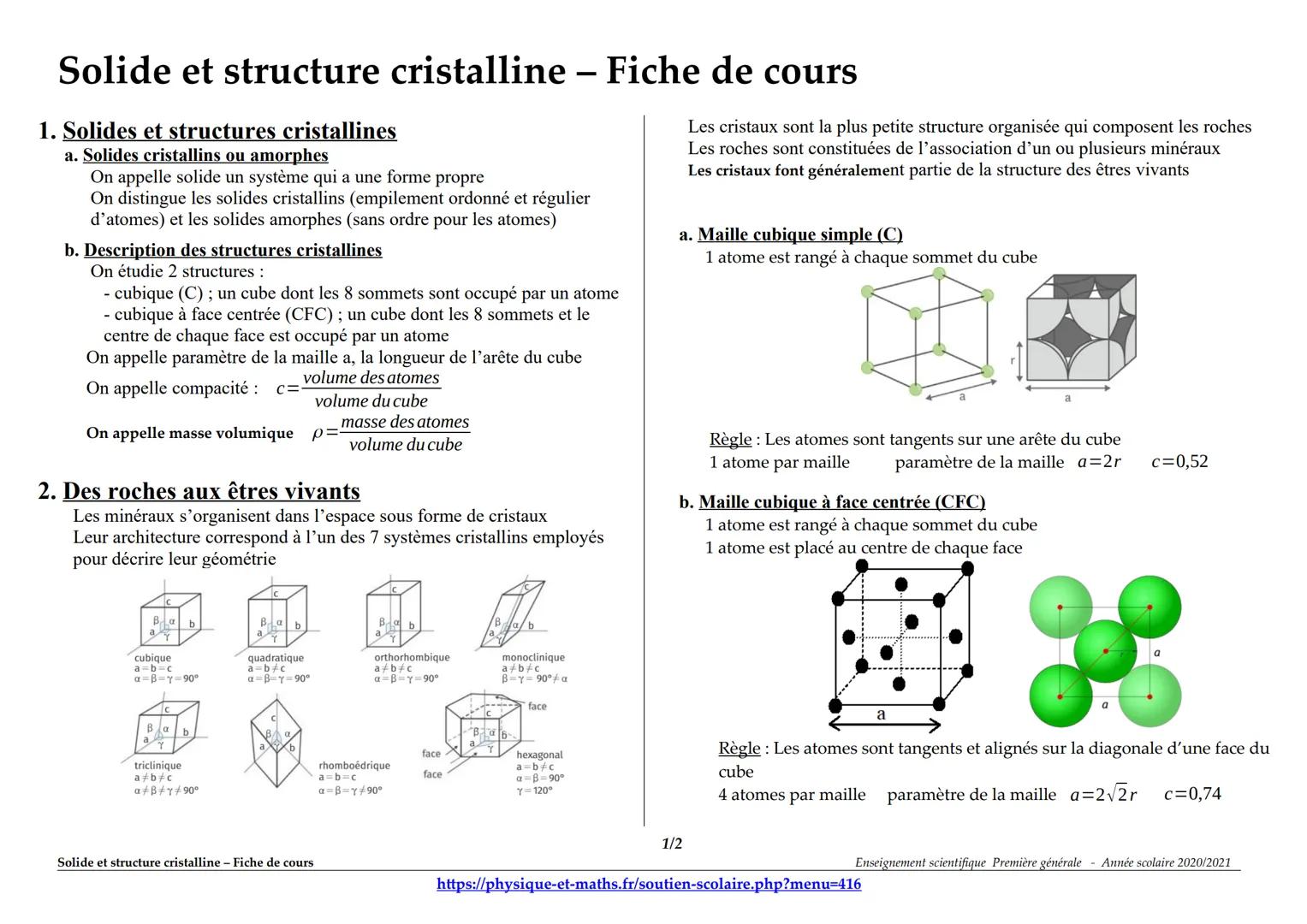 Solide et structure cristalline - Fiche de cours
1. Solides et structures cristallines
a. Solides cristallins ou amorphes
On appelle solide