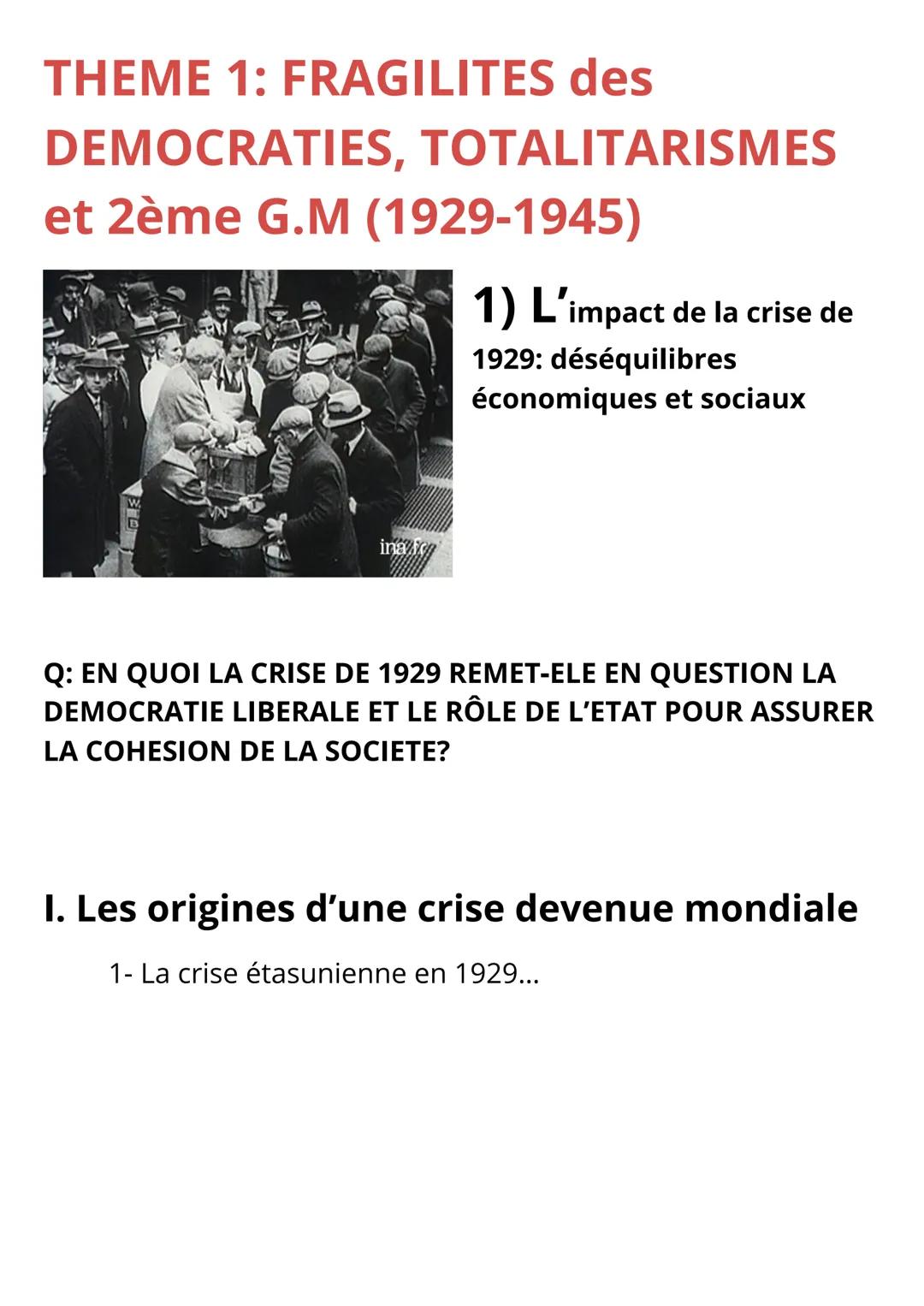 THEME 1: FRAGILITES des
DEMOCRATIES, TOTALITARISMES
et 2ème G.M (1929-1945)
1) L'impact de la crise de
1929: déséquilibres
économiques et so