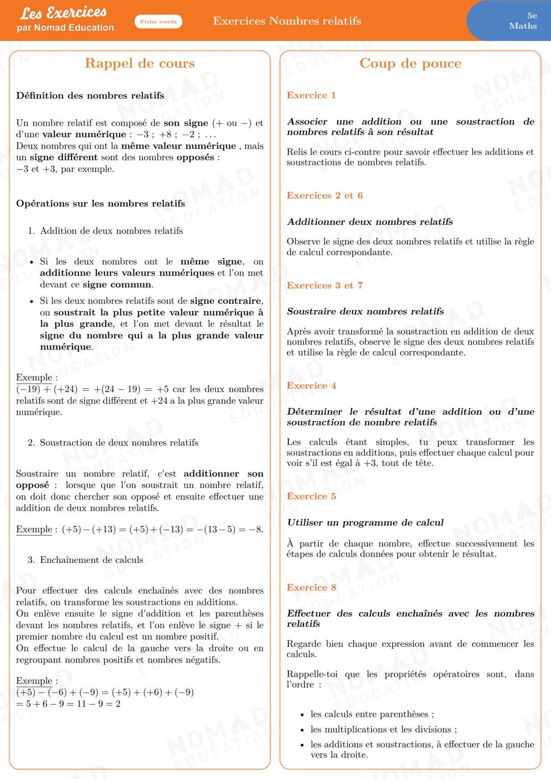 Les Exercices
Fiche outils
Exercices Nombres relatifs
par Nomad Education
Rappel de cours
Définition des nombres relatifs
ATION
Un nombre re