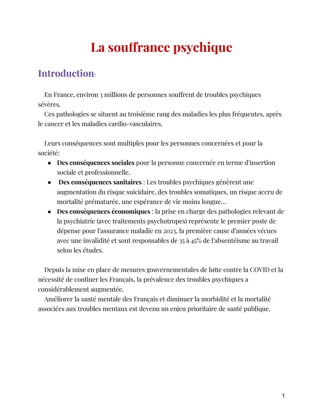 # La souffrance psychique
Introduction:
En France, environ 3 millions de personnes souffrent de troubles psychiques
sévères.
Ces patholog