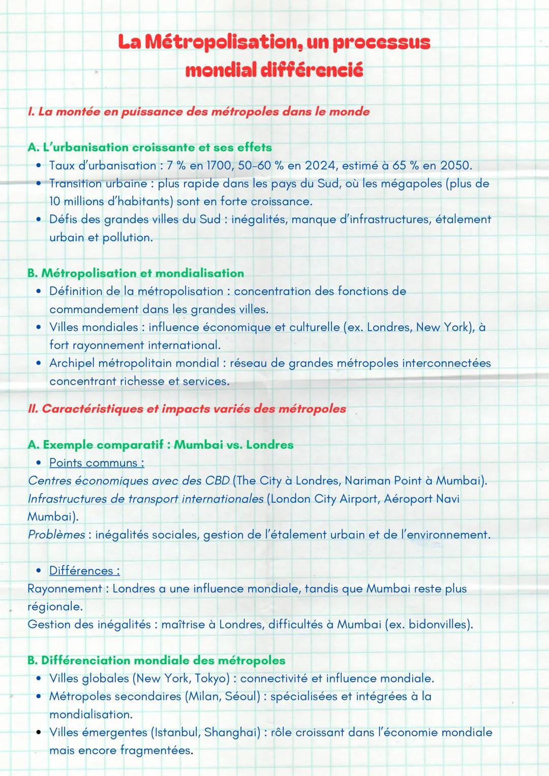 # La Métropolisation, un processus
mondial différencié
1. La montée en puissance des métropoles dans le monde
A. L'urbanisation croissante