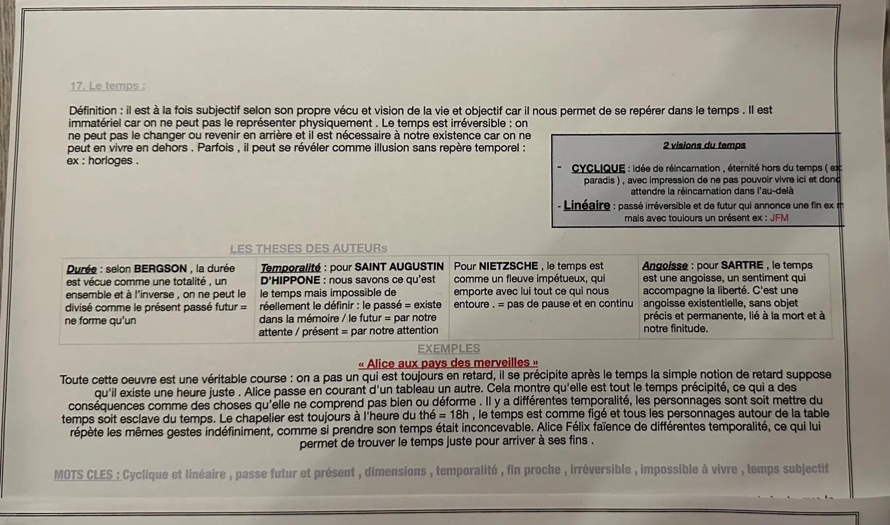 17. Le temps:
Définition : il est à la fois subjectif selon son propre vécu et vision de la vie et objectif car il nous permet de se repérer