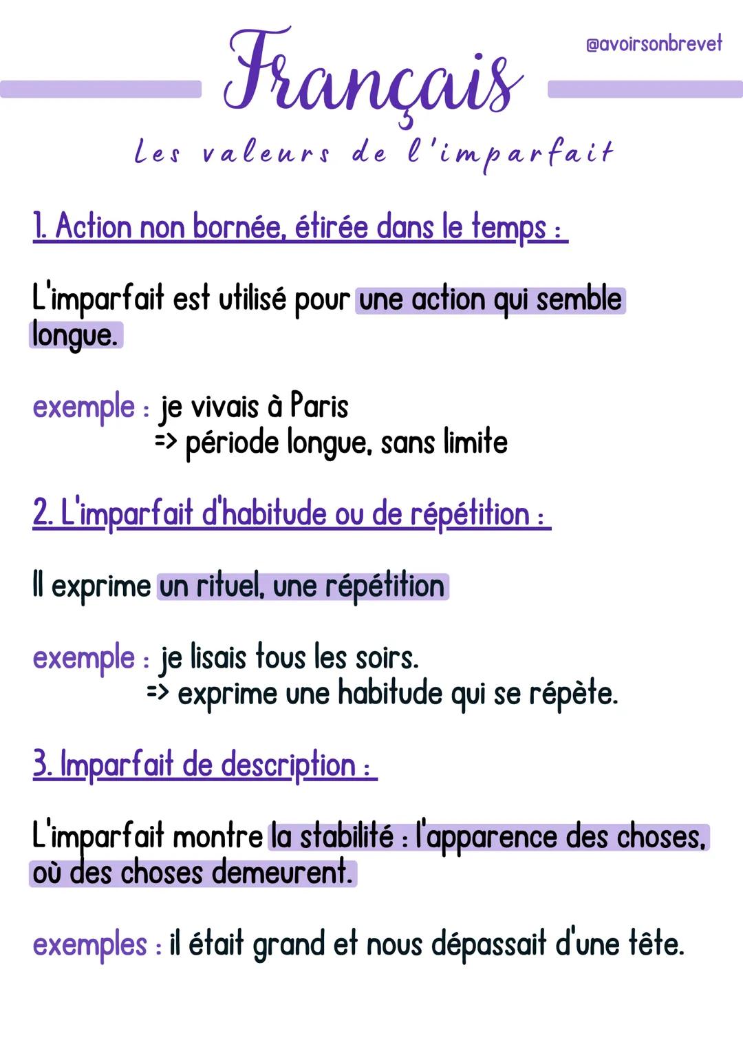 Français
@avoirsonbrevet
Les valeurs de l'imparfait
1. Action non bornée, étirée dans le temps:
L'imparfait est utilisé pour une action qui