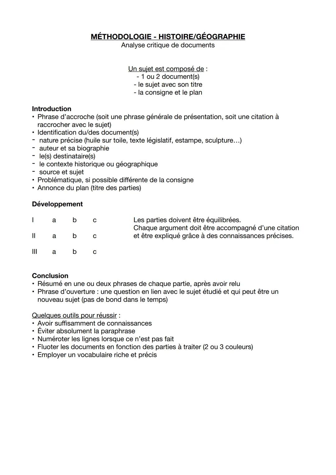 MÉTHODOLOGIE - HISTOIRE/GÉOGRAPHIE
Analyse critique de documents
Introduction
Un sujet est composé de :
- 1 ou 2 document(s)
- le sujet avec