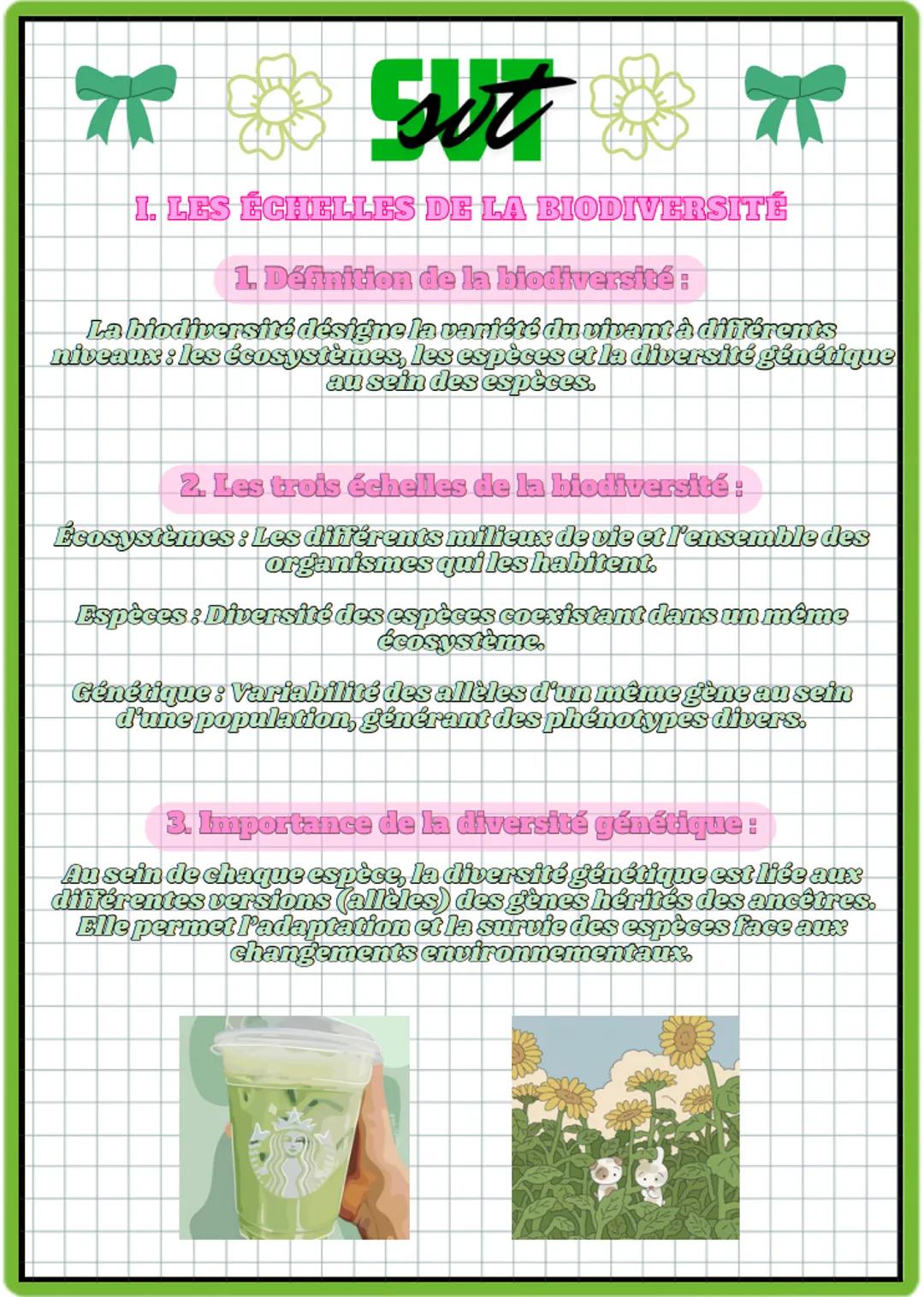 +ALME
CHAPITRE π
sot
I. LES ÉCHELLES DE LA BIODIVERSITÉ
1. Définition de la biodiversité :
La biodiversité désigne la variété du vivant à di
