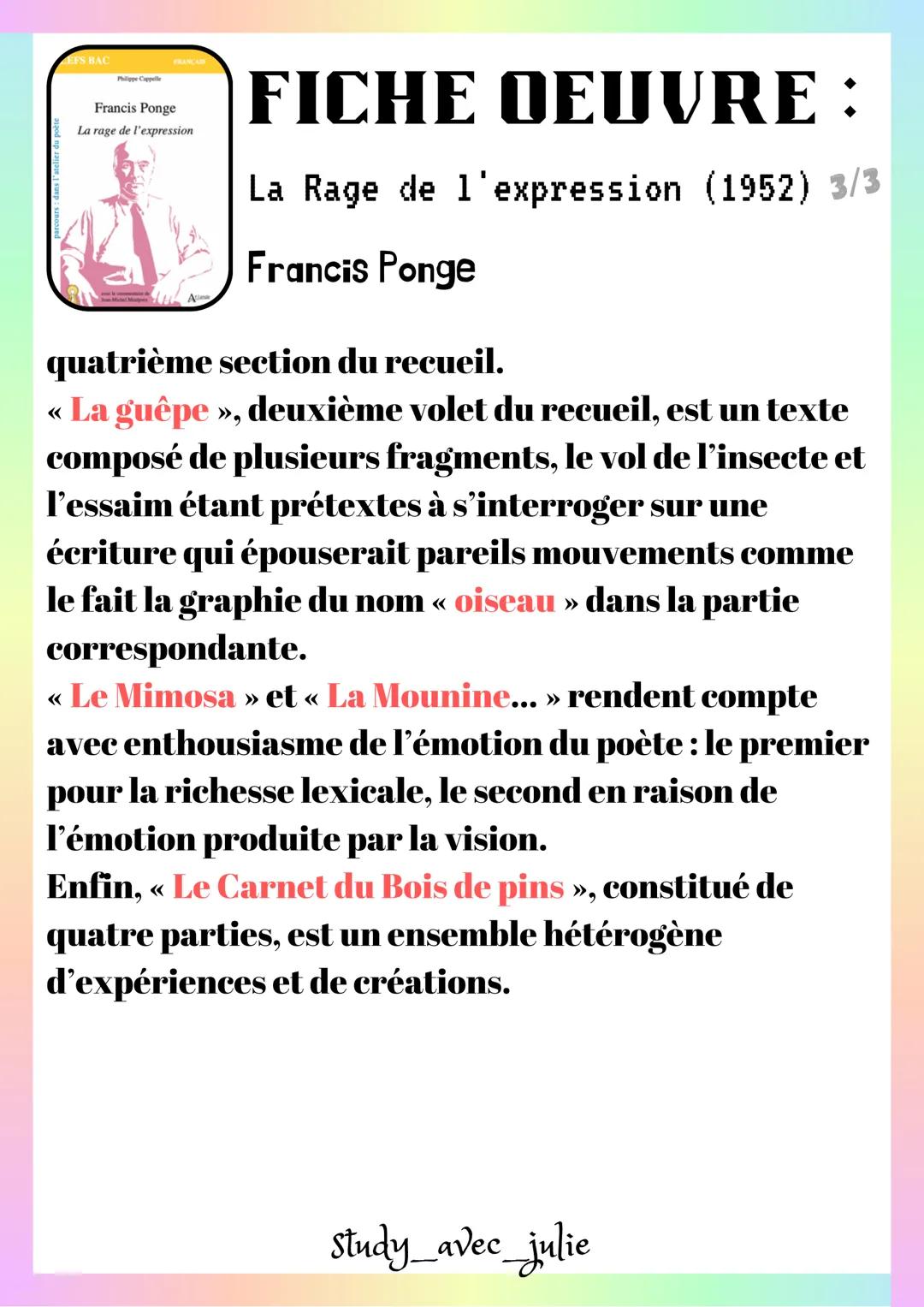 EFS BAC
Philippe Cappelle
Francis Ponge
FRANÇAIS
La rage de l'expression
FICHE OEUVRE :
La Rage de l'expression (1952) 1/3
Francis Ponge
• L