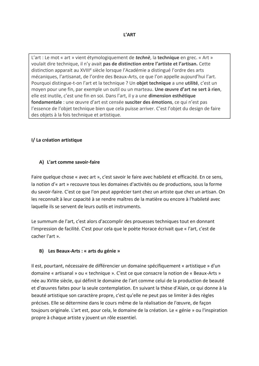 # L'ART
L'art: Le mot << art >> vient étymologiquement de technè, la technique en grec. << Art >>>
voulait dire technique, il n'y avait pas