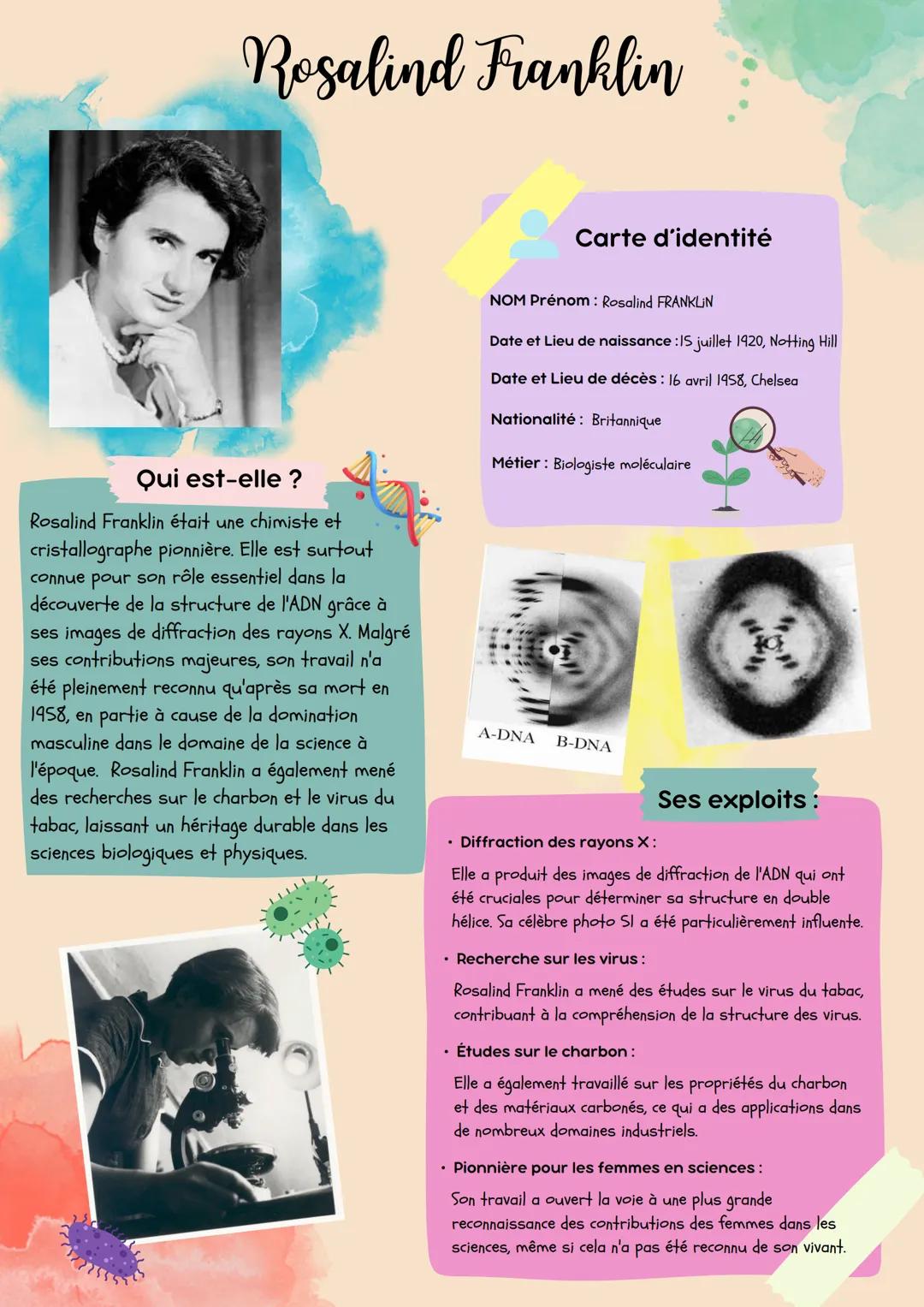 # Rosalind Franklin
Qui est-elle ?
Rosalind Franklin était une chimiste et
cristallographe pionnière. Elle est surtout
connue pour son rôl