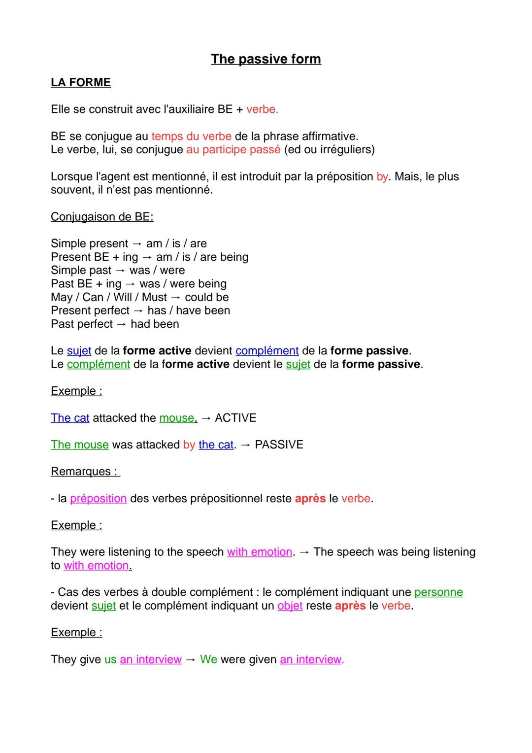 LA FORME
The passive form
Elle se construit avec l'auxiliaire BE + verbe.
BE se conjugue au temps du verbe de la phrase affirmative.
Le verb