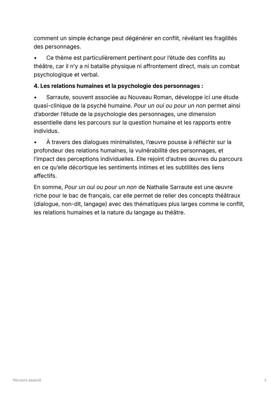 # Parcours associé
Pour un élève qui étudie Pour un oui ou pour un non de Nathalie Sarraute dans
le cadre du parcours associé au bac de fra