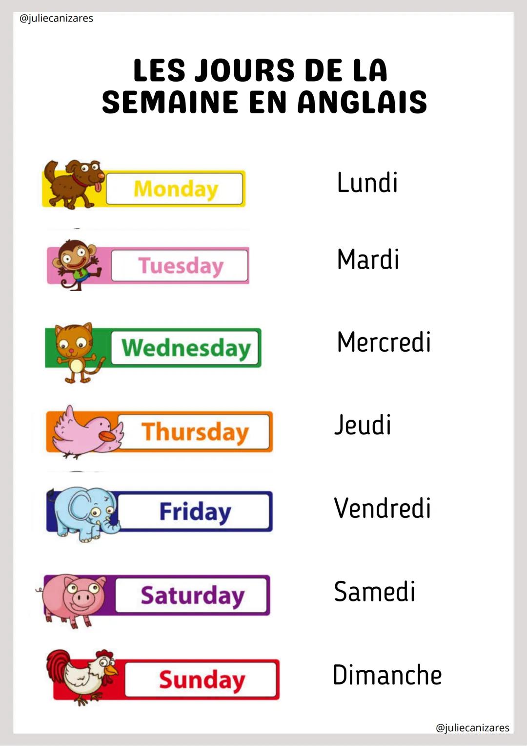 @juliecanizares
LES JOURS DE LA
SEMAINE EN ANGLAIS
Monday
Lundi
Tuesday
Mardi
Wednesday
Mercredi
Jeudi
Thursday
Friday
Vendredi
Saturday
Sam