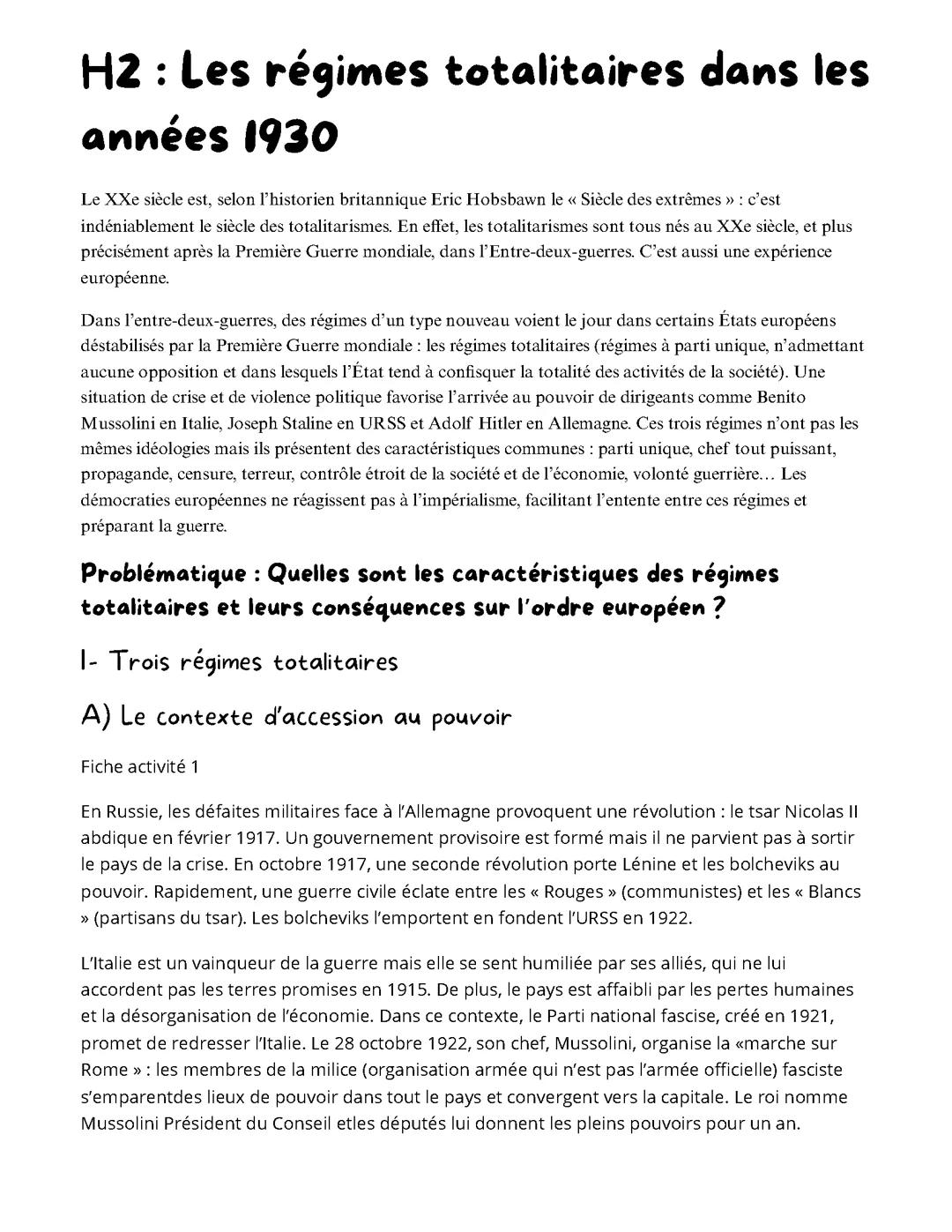 Les régime totalitaires dans les années 1930