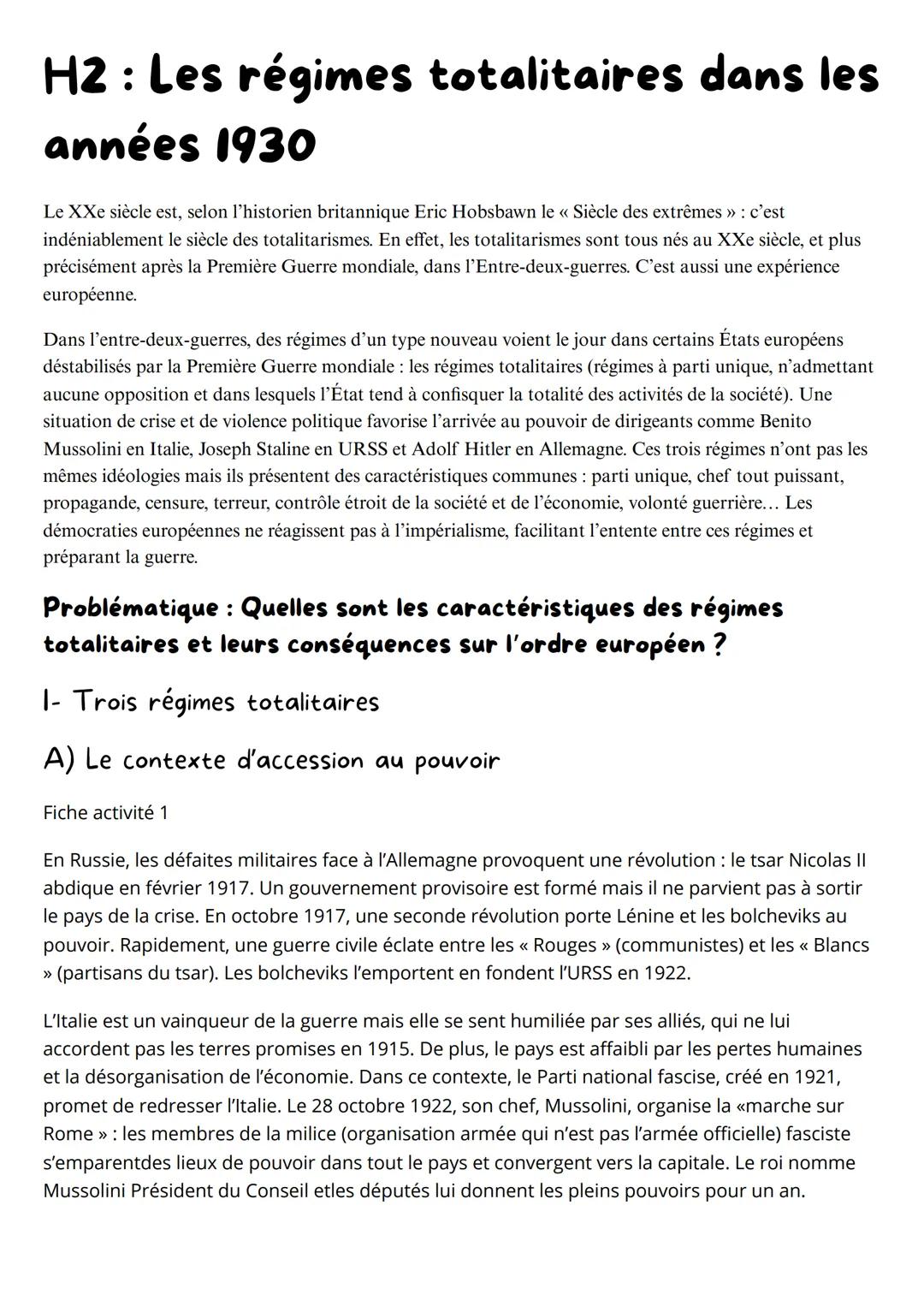 H2: Les régimes totalitaires dans les
années 1930
Le XXe siècle est, selon l'historien britannique Eric Hobsbawn le «< Siècle des extrêmes »