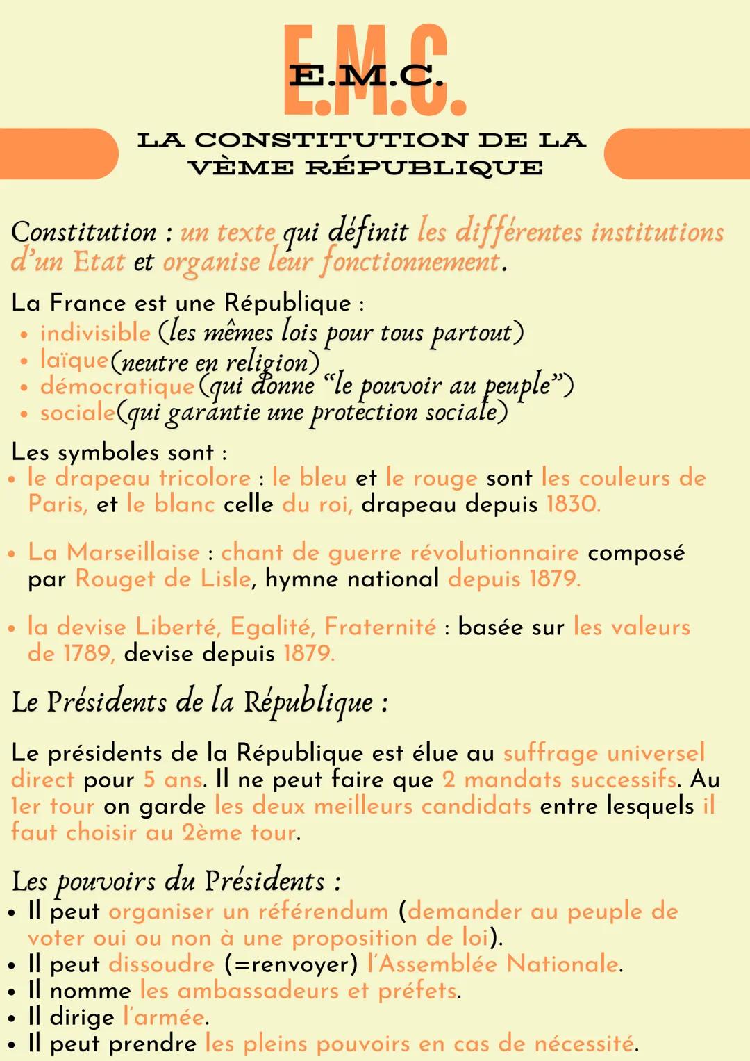 .
E.M.Co
E.M.C.
LA CONSTITUTION DE LA
VÈME RÉPUBLIQUE
Constitution: un texte qui définit les différentes institutions
d'un Etat et organise