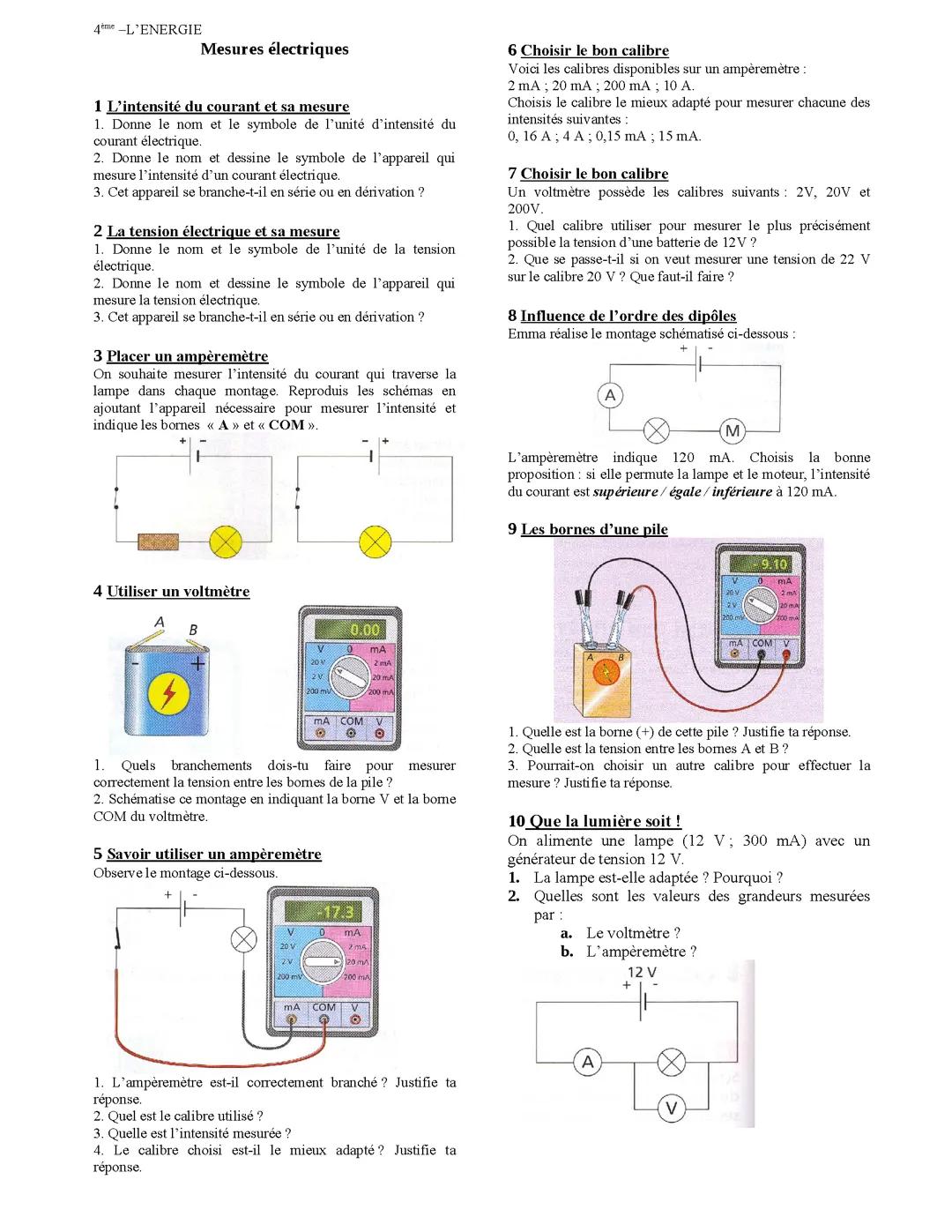 Mesure électrique 4 ème physique chimie ⚗️