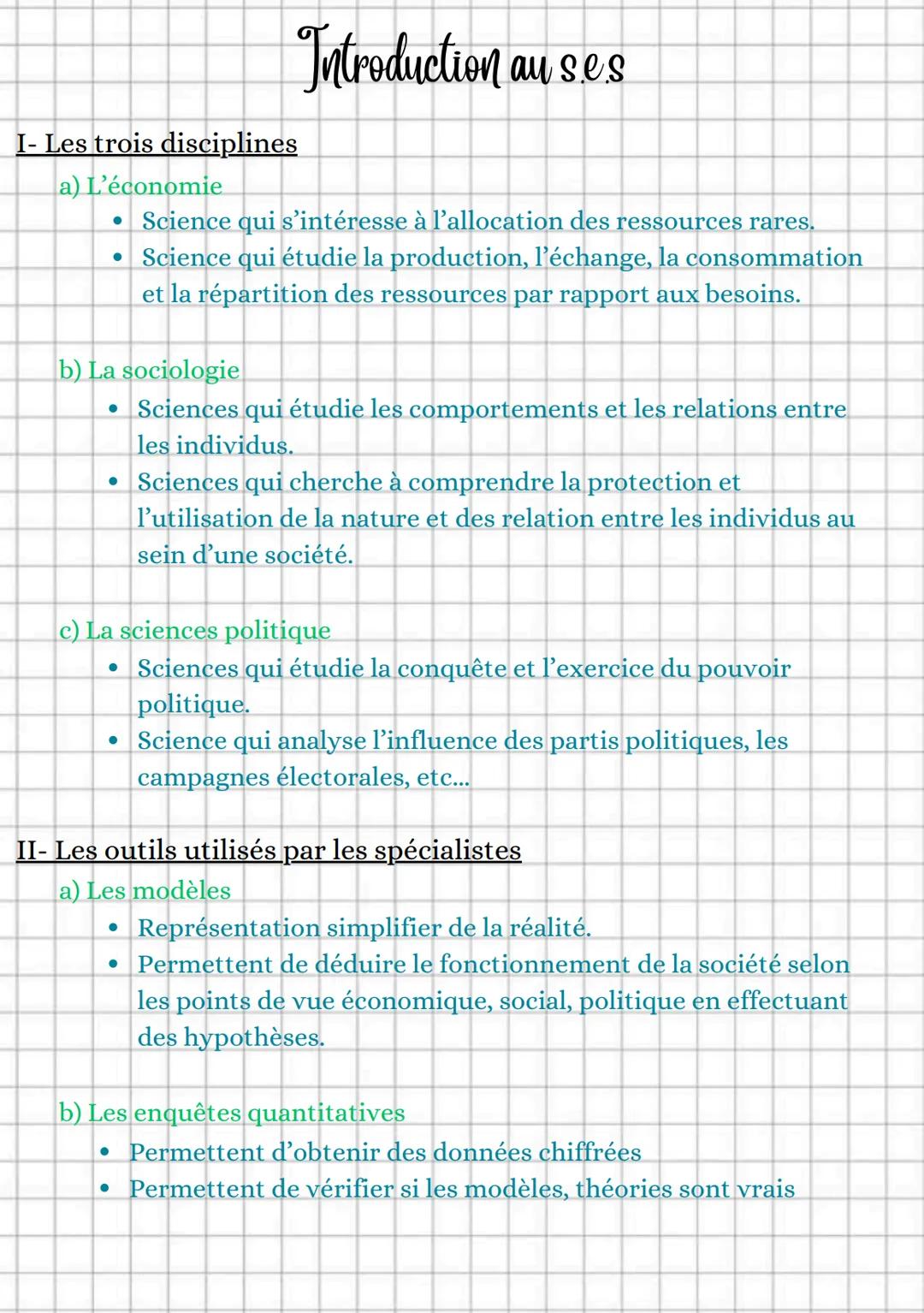 # Introduction au ses
I- Les trois disciplines
a) L'économie
* Science qui s'intéresse à l'allocation des ressources rares.
* Science