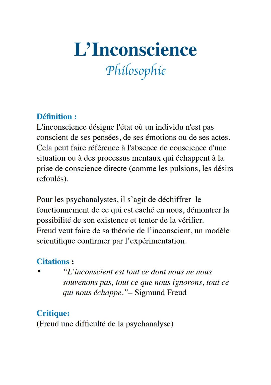 L'Inconscience
Philosophie
Définition :
L'inconscience désigne l'état où un individu n'est pas
conscient de ses pensées, de ses émotions ou