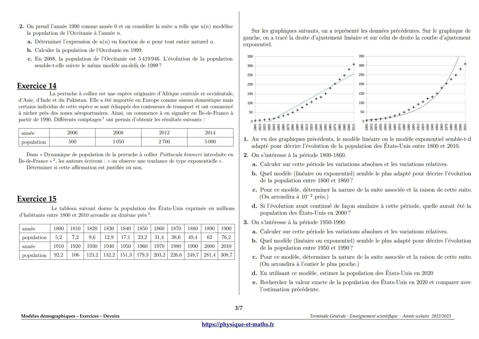 Modèles démographiques - Exercices - Devoirs
Exercice 1
corrigé disponible
Dans chacun des cas suivants, calculer la variation absolue et la