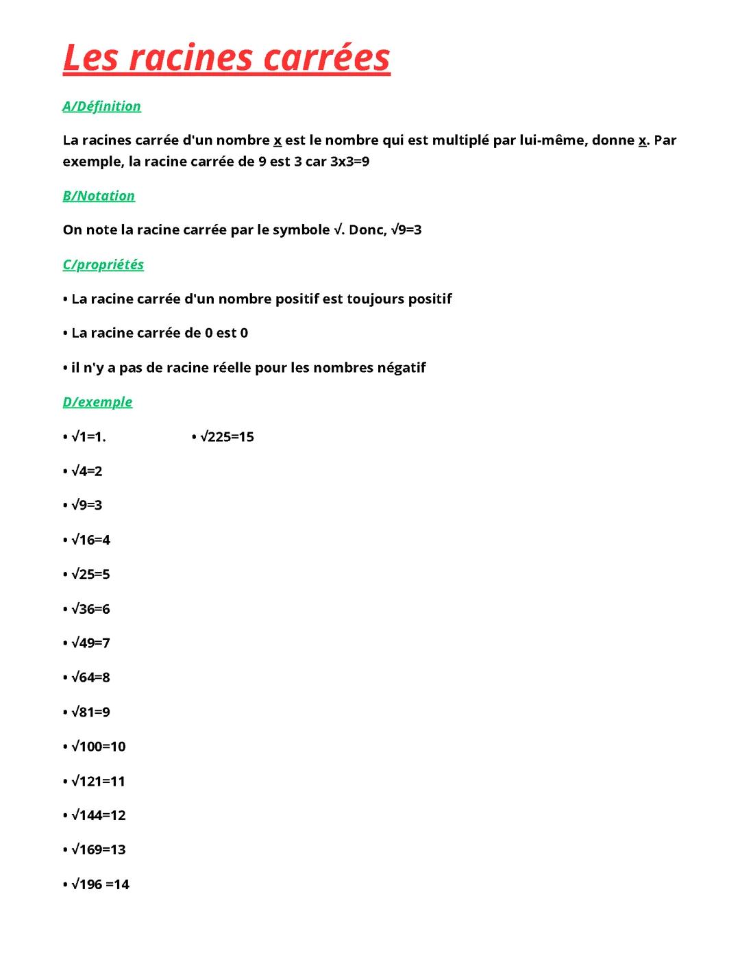 Les racines carrées