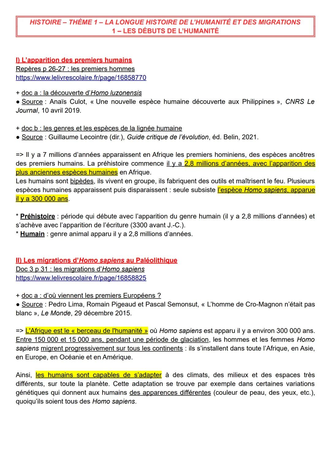 HISTOIRE - THÈME 1 - LA LONGUE HISTOIRE DE L'HUMANITÉ ET DES MIGRATIONS
1 - LES DÉBUTS DE L'HUMANITÉ
I) L'apparition des premiers humains
Re