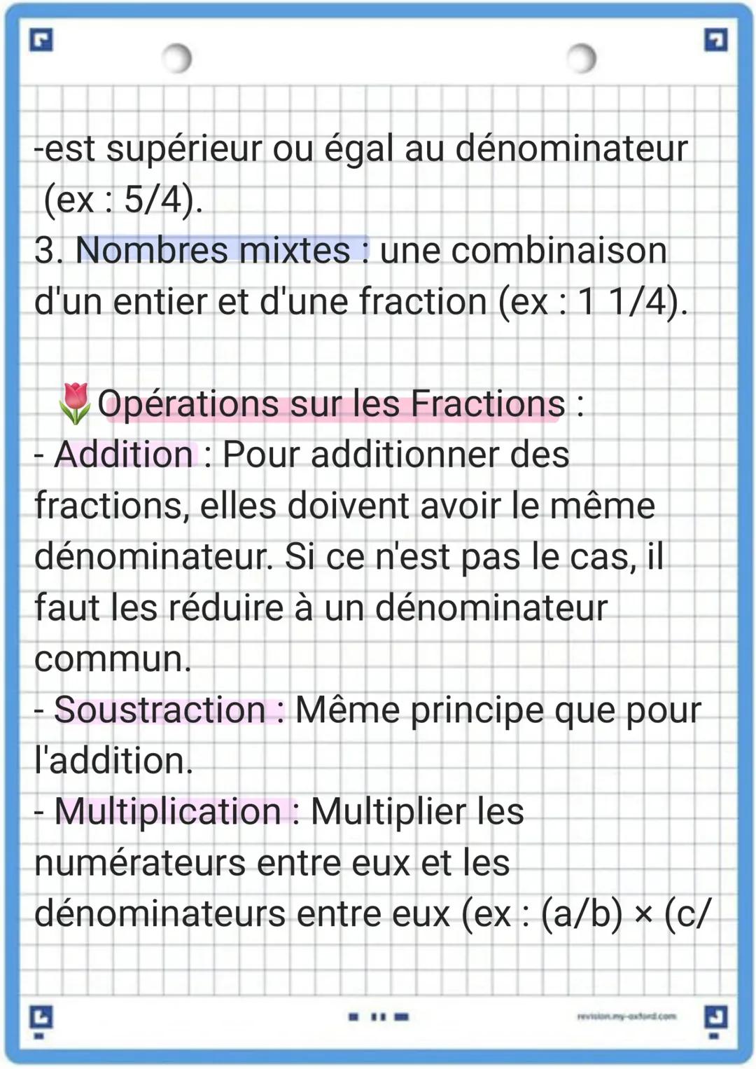 J
Fiche de Révision : Les Fractions
Définition :
Une fraction représente une partie d'un
tout. Elle est composée de deux
nombres :
- Numérat
