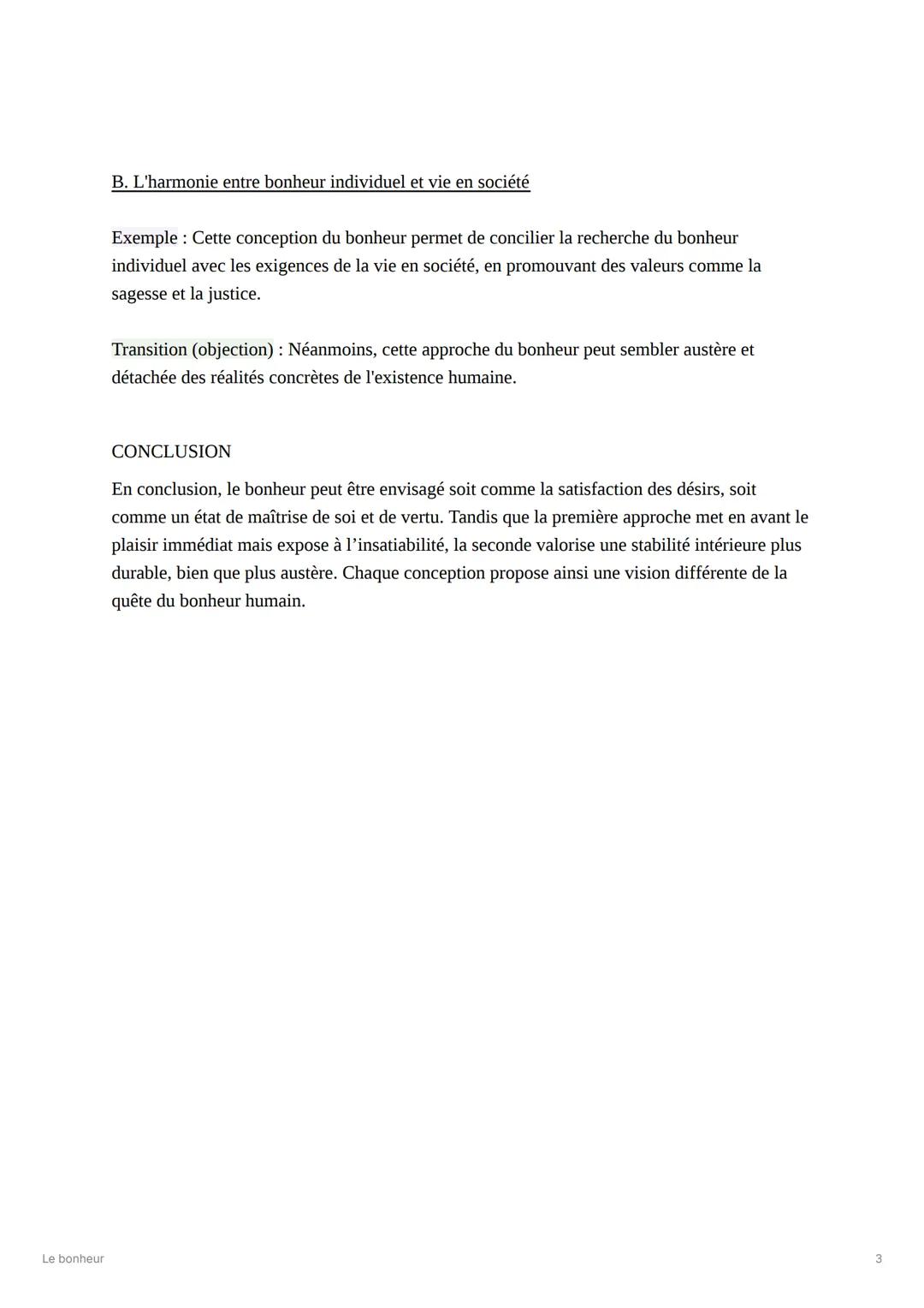# Le bonheur
Le bonheur
INTRODUCTION
Le bonheur est traditionnellement conçu comme un état de satisfaction durable et de
plénitude. On l'