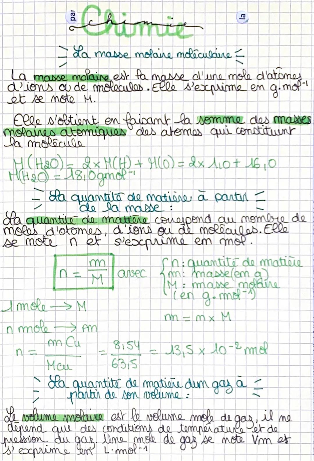 Chimic
La masse molaine moléculaire
=
la
La masse molaire, est fa masse d'une mole d'atomes,
d'ions a de molecules. Elle s'exprime en g.mol-