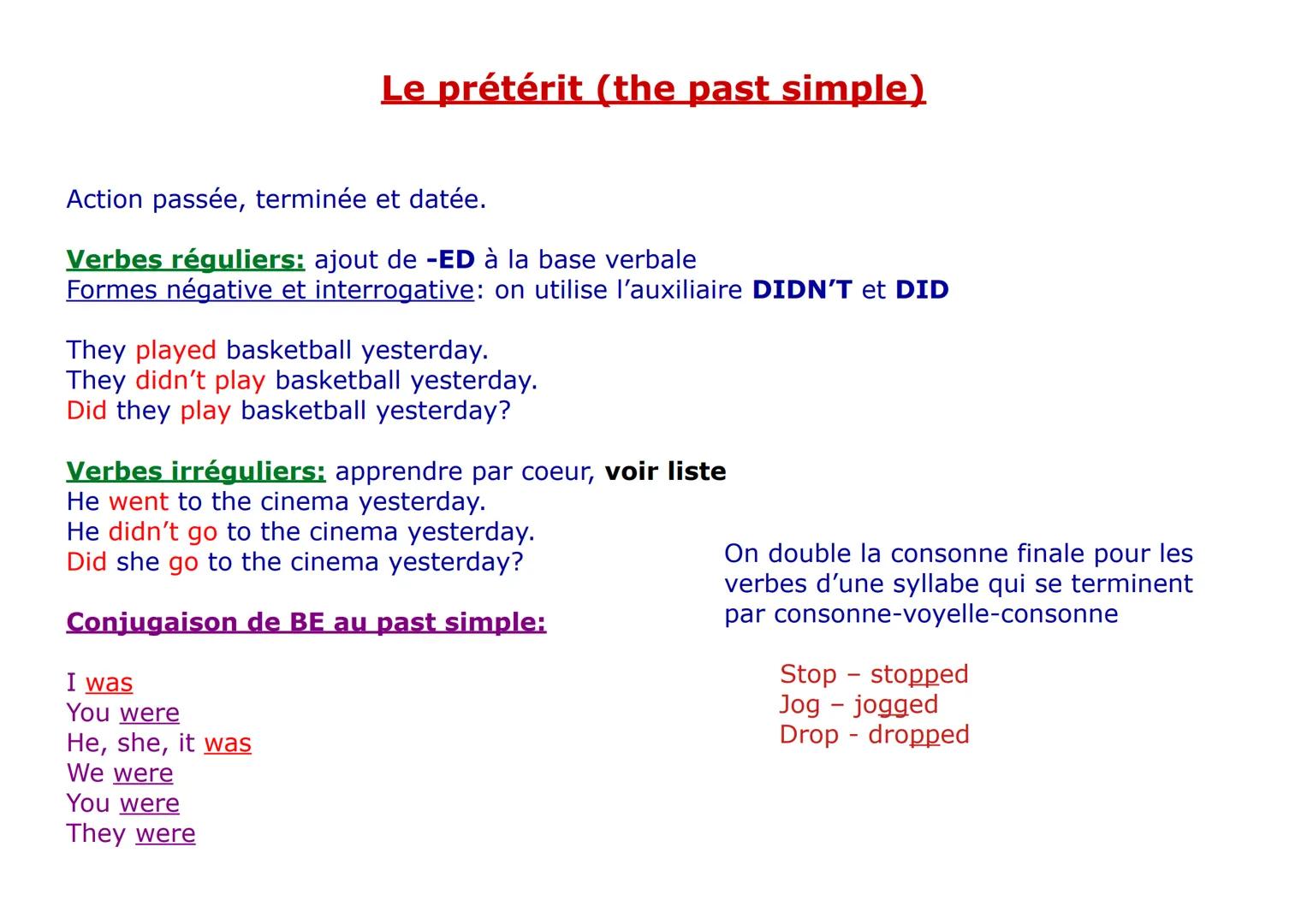 Le prétérit (the past simple)
Action passée, terminée et datée.
Verbes réguliers: ajout de -ED à la base verbale
Formes négative et interrog