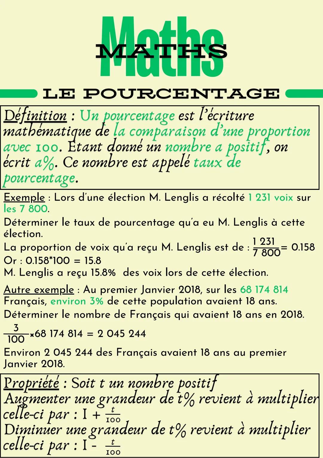 MATHS
M
CHS
LE POURCENTAGE
Définition : Un pourcentage est l'écriture
mathématique de la comparaison d'une proportion
avec 100. Etant donné