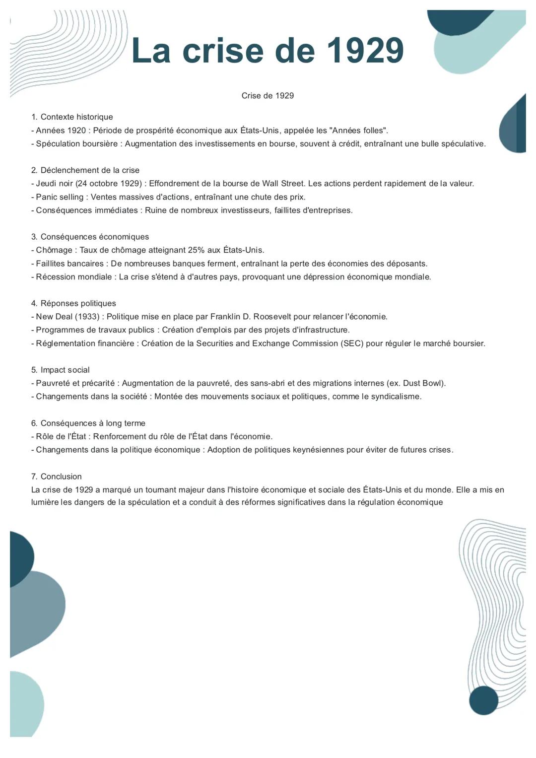 La crise de 1929
Crise de 1929
1. Contexte historique
- Années 1920: Période de prospérité économique aux États-Unis, appelée les "Années fo
