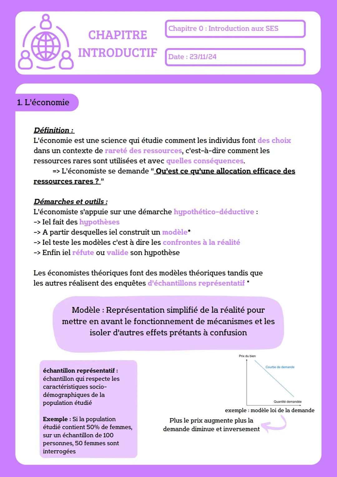 8
1. L'économie
Chapitre 0: Introduction aux SES
CHAPITRE
INTRODUCTIF
Date: 23/11/24
Définition :
L'économie est une science qui étudie comm