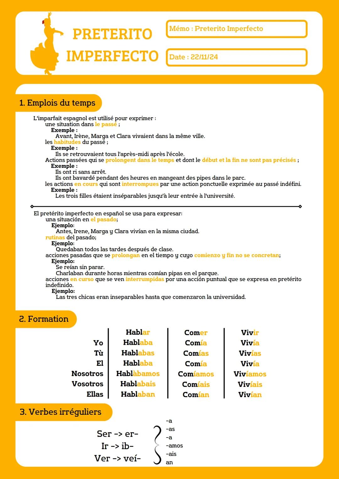 Mémo : Preterito Imperfecto
PRETERITO
IMPERFECTO Date: 22/11/24
1. Emplois du temps
L'imparfait espagnol est utilisé pour exprimer :
une sit