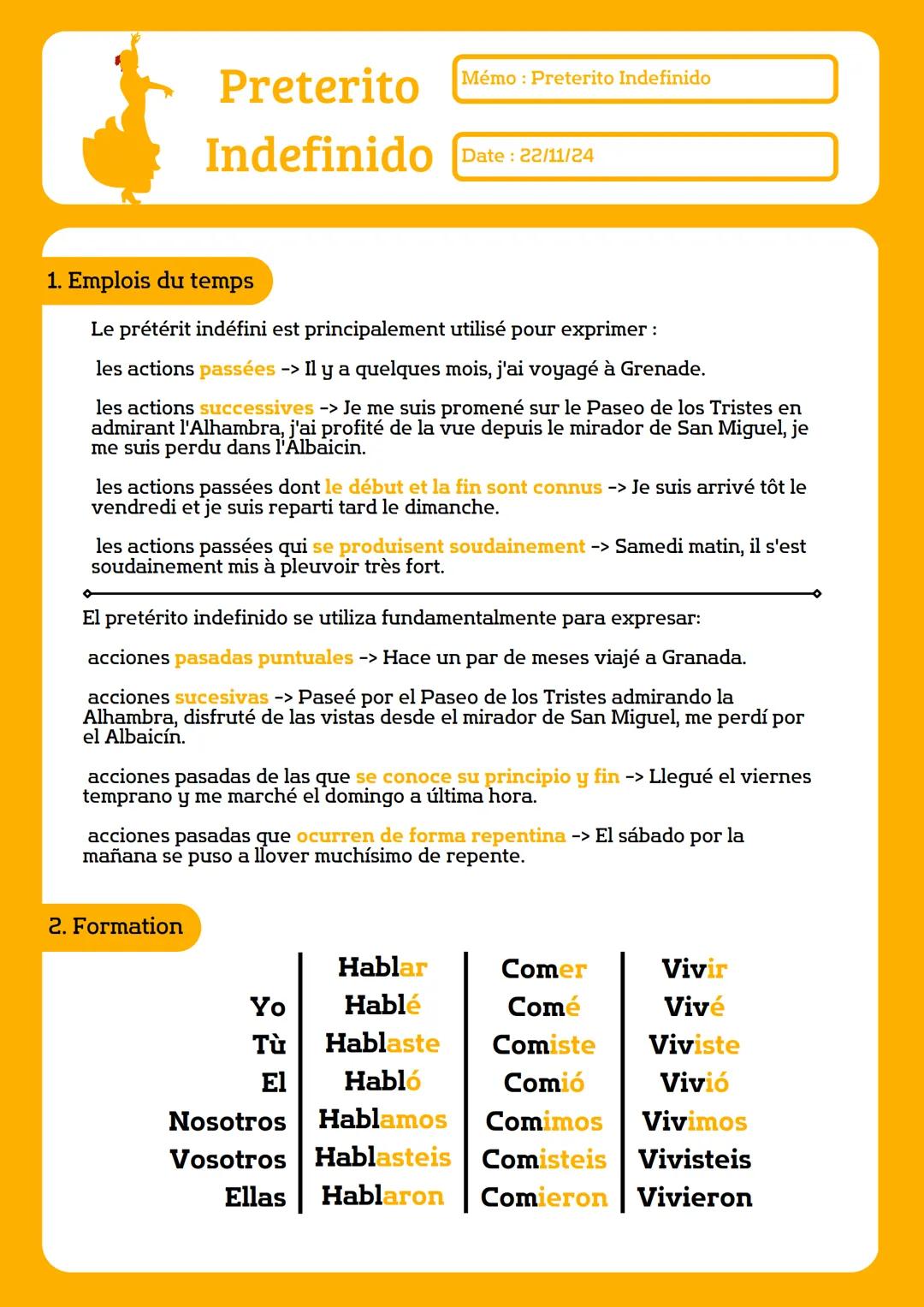 # Preterito Mémo: Preterito Indefinido
# Indefinido Date: 22/11/24
1. Emplois du temps
Le prétérit indéfini est principalement utilisé po